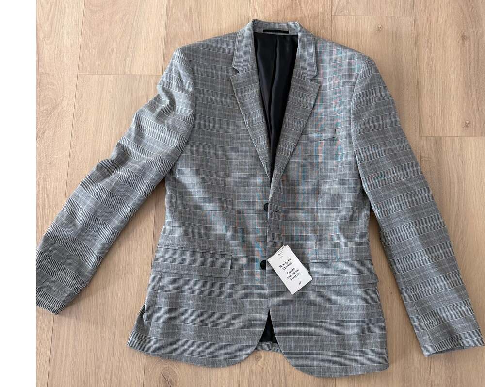 H&M Men's 38R Skinny Fit Stretch Blazer Gray Glen Plaid Check NWT